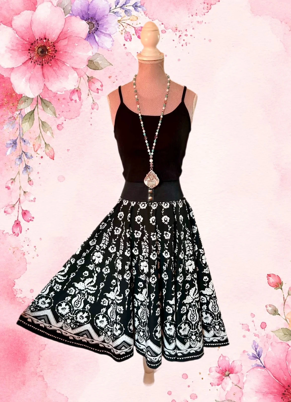 🖤🌿Jupe dansante coton vintage 2000s baroque bohème folk chic Full circle skirt 36/38🌿🖤